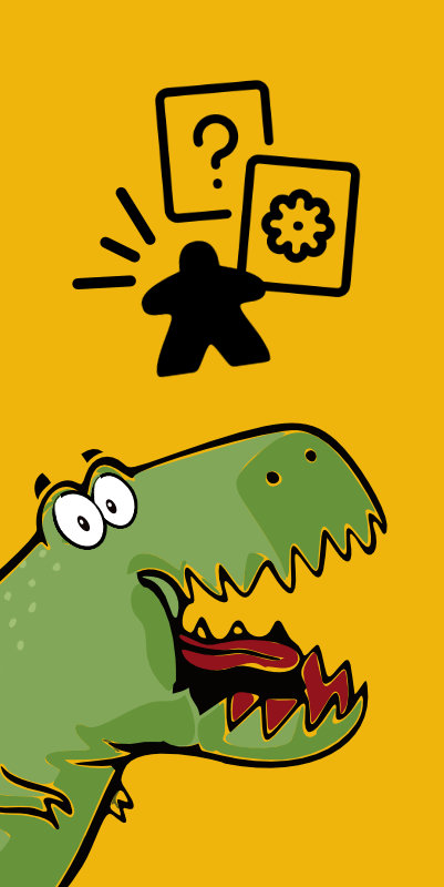 illustration d'un meeple, d'une roue dentée et d'un dinosaure